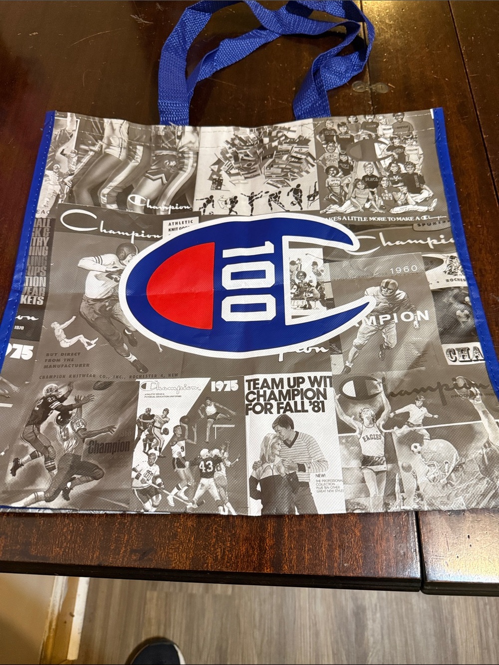Champion 100th Anniversary Tote", "Century Collection Collage Bag"